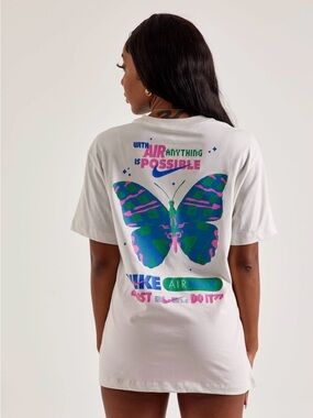 Nike Air Max Butterfly Graphic Tee - White with Blue & Pink Print (Medium)